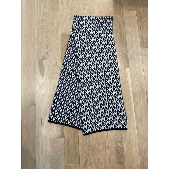 Michael Kors MK Logo Monogram Knit Winter Scarf Black & White 60” x 10.25” - Picture 2 of 3